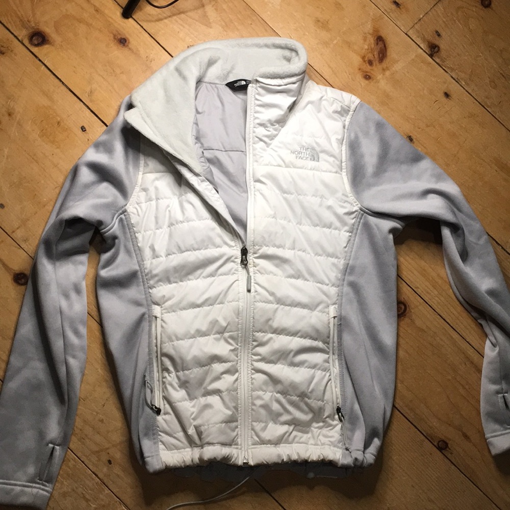 White and grey North Face jacket